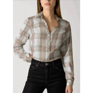 J. Jill Women's Plaid Button-Down Shirt Size XS White Peach Long Sleeve‎ Collard